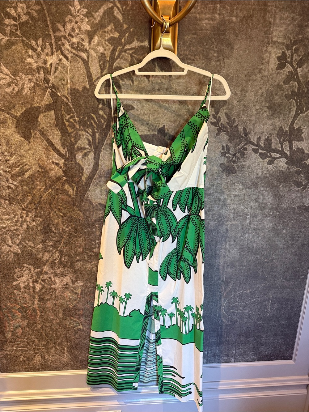 Johanna Ortiz “Aero Rhythm” Green and White Palm-Print Midi Dress